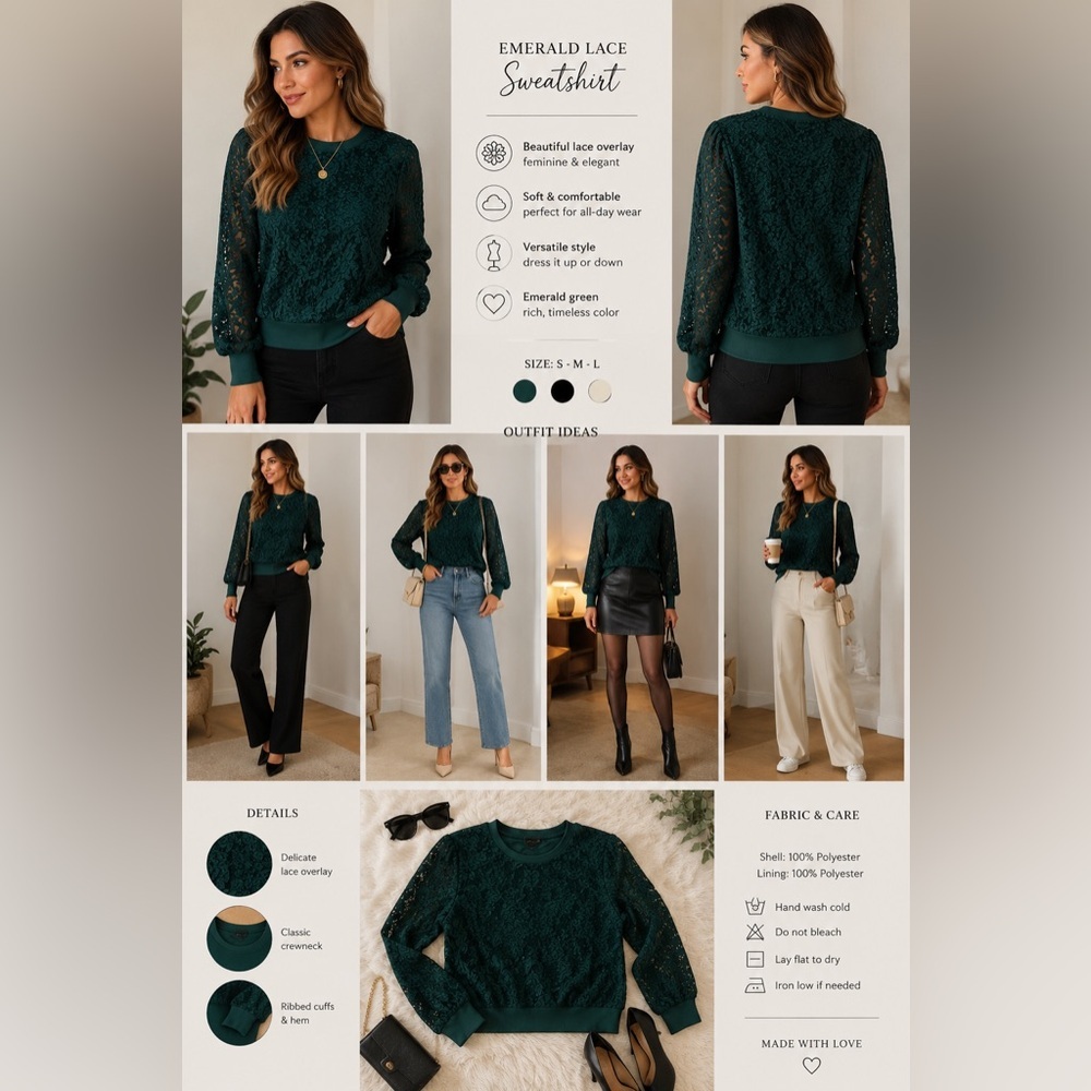 Worthington Emerald Green Lace Crewneck Sweater
